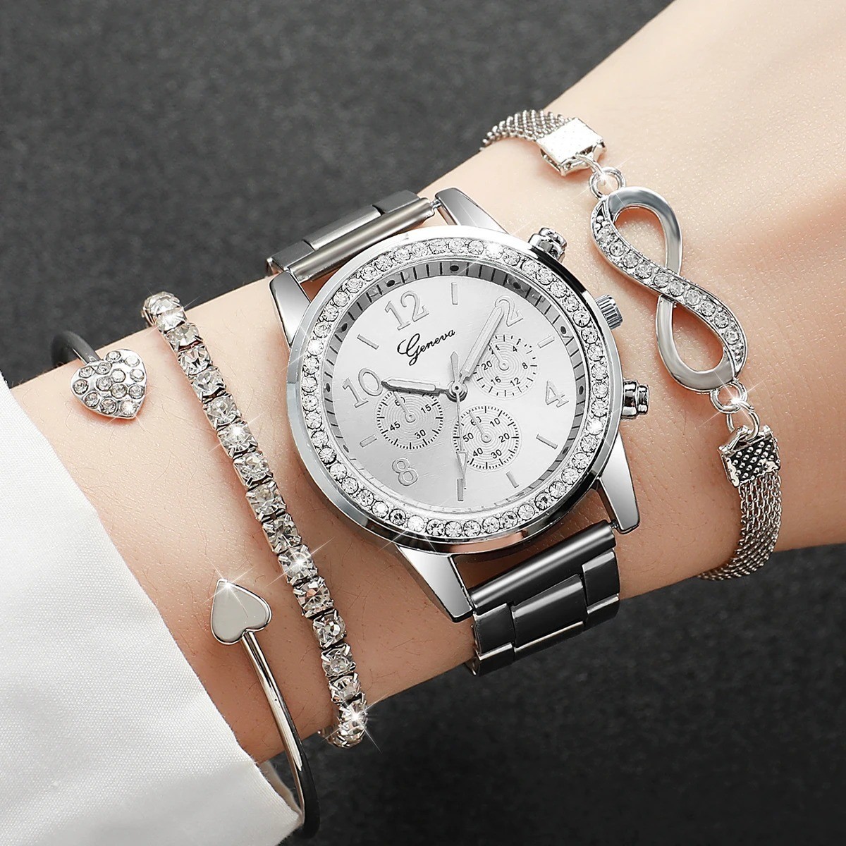 4PCS Women Watch Set Rhinestone Quartz Steel Bracelet Gift Set No Box USA