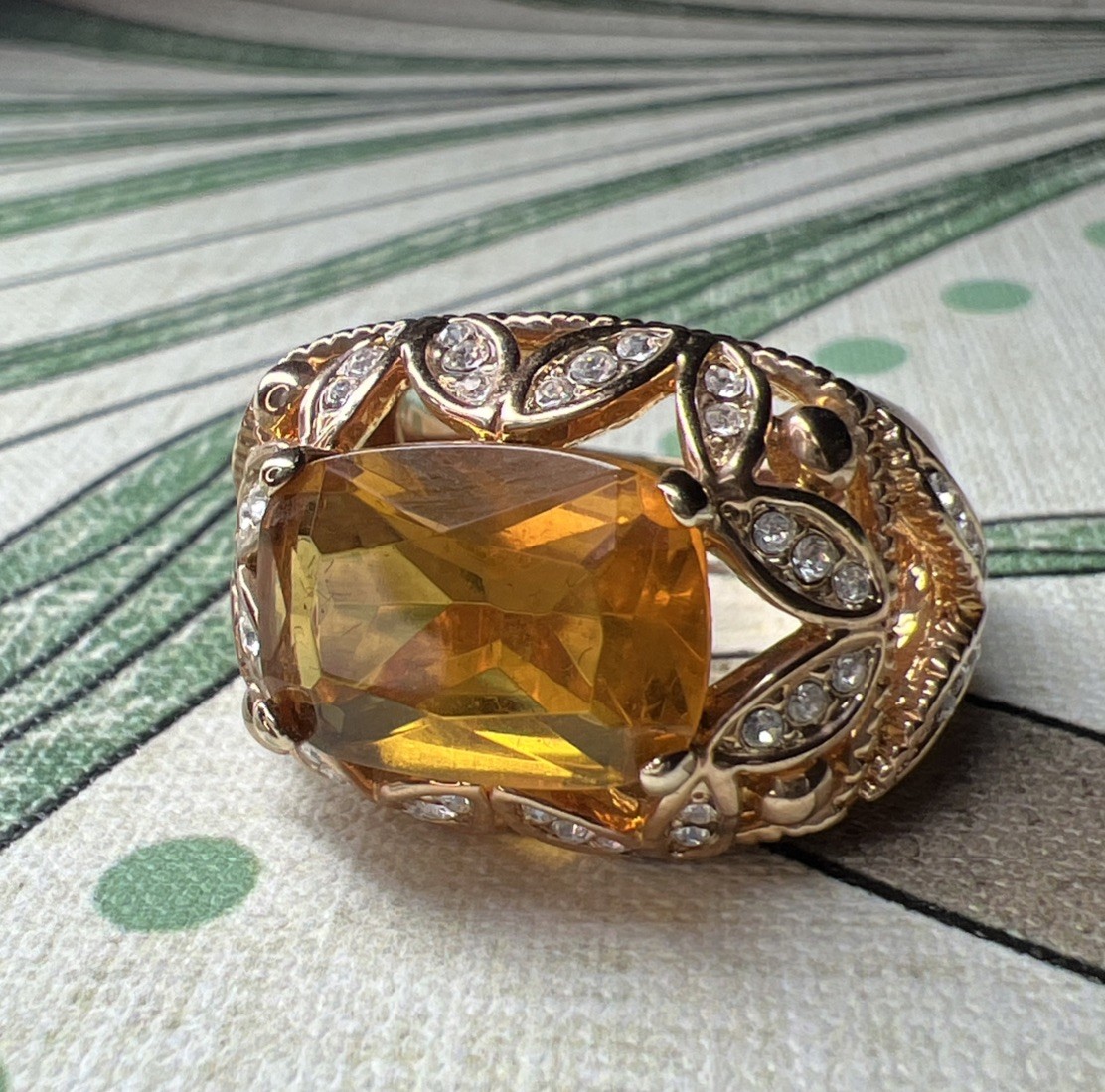 HSN Doris Panos Statement Ring Size: 8.75 Dark Yellow & Clear Crystal Gold Plate
