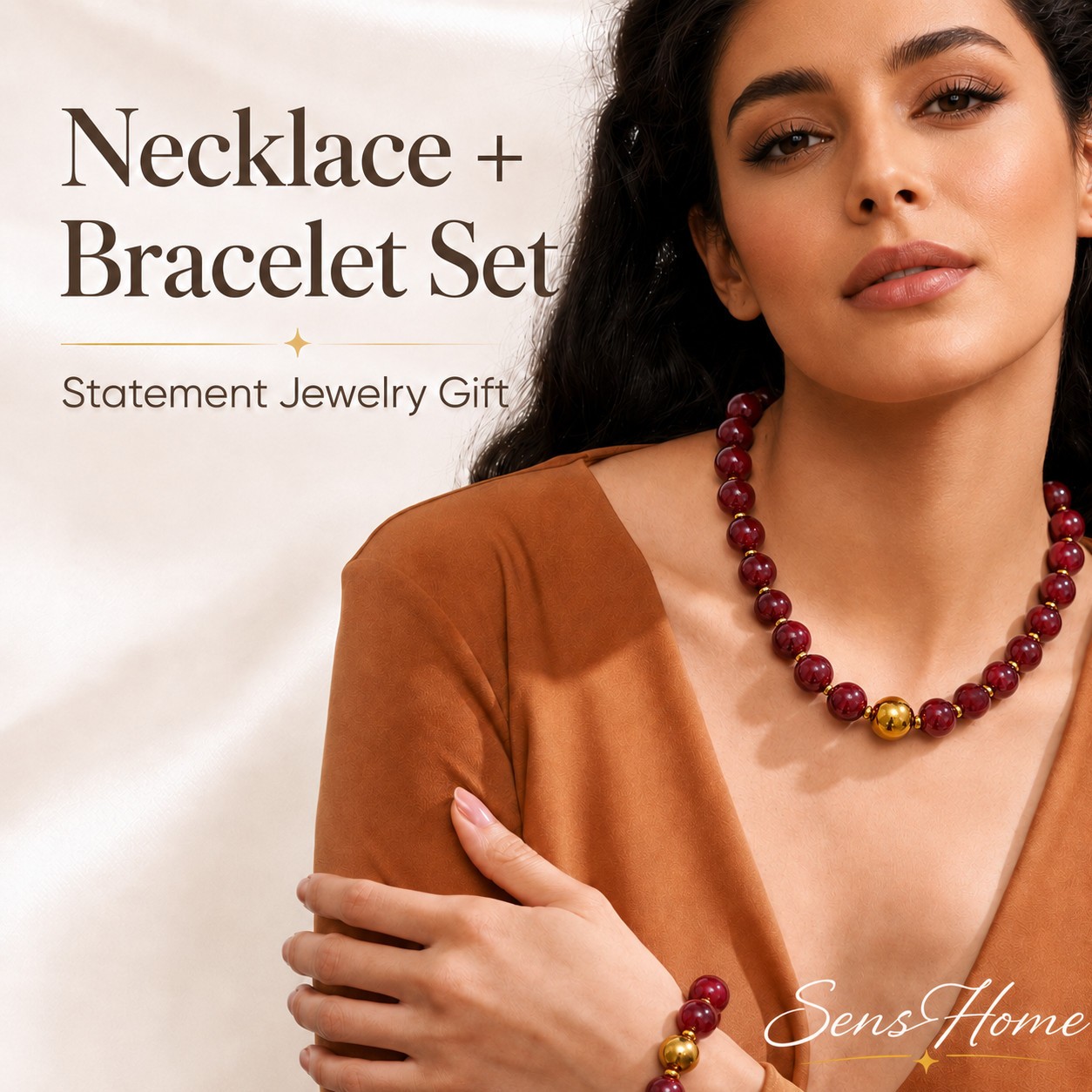 Red Resin Bead Necklace Bracelet Set Gold Tone Statement Jewellery Gift