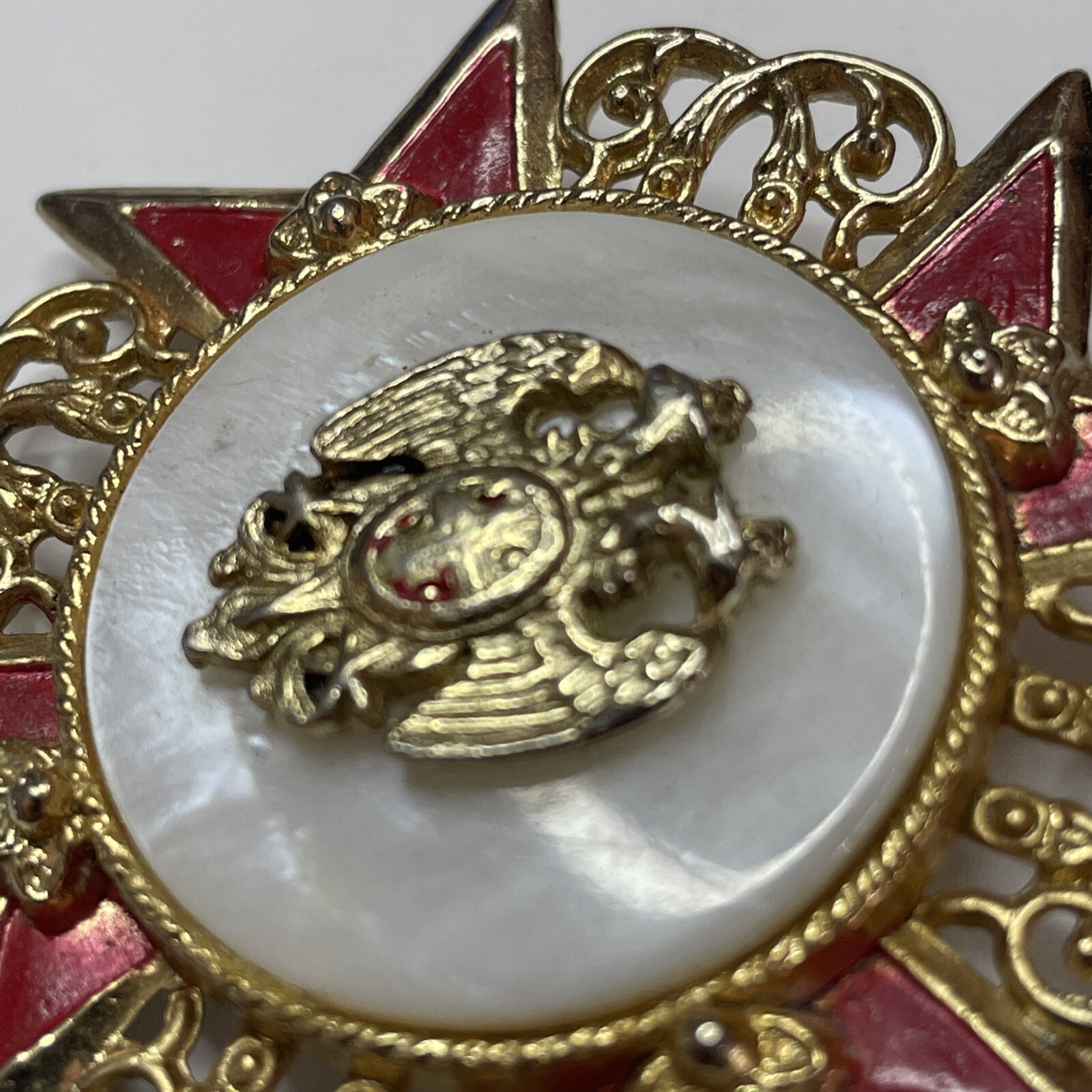 Coro Brooch Pin Mother of Pearl Double Eagle Crest Signed Vintage Army