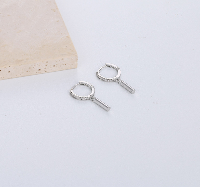 925 Sterling Silver Dangle Column Bar Round CZ Huggie Small Hoop Earrings PE3