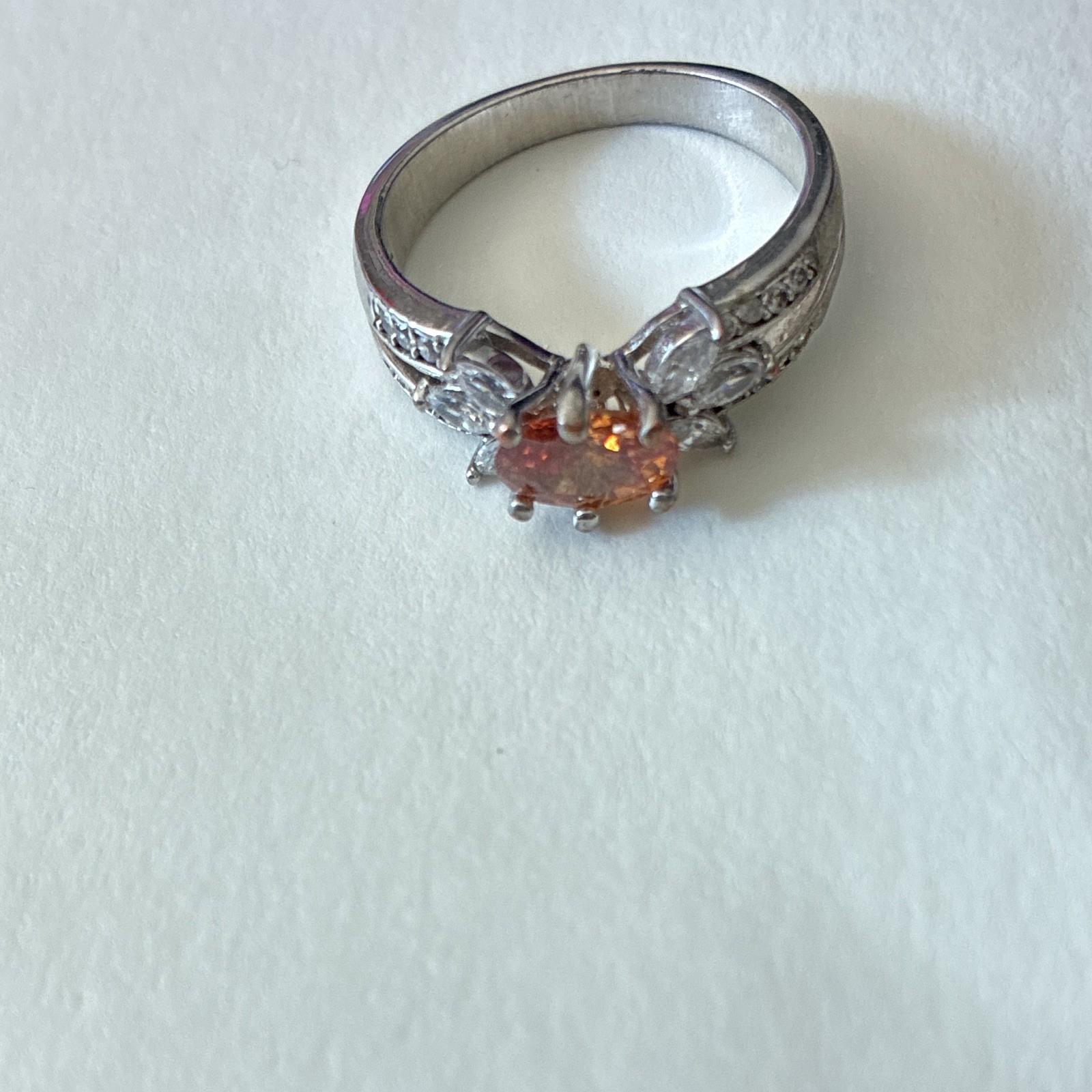 Silver Tone Oval Orange Stone Ring w/ Clear Accent Stones Size 10