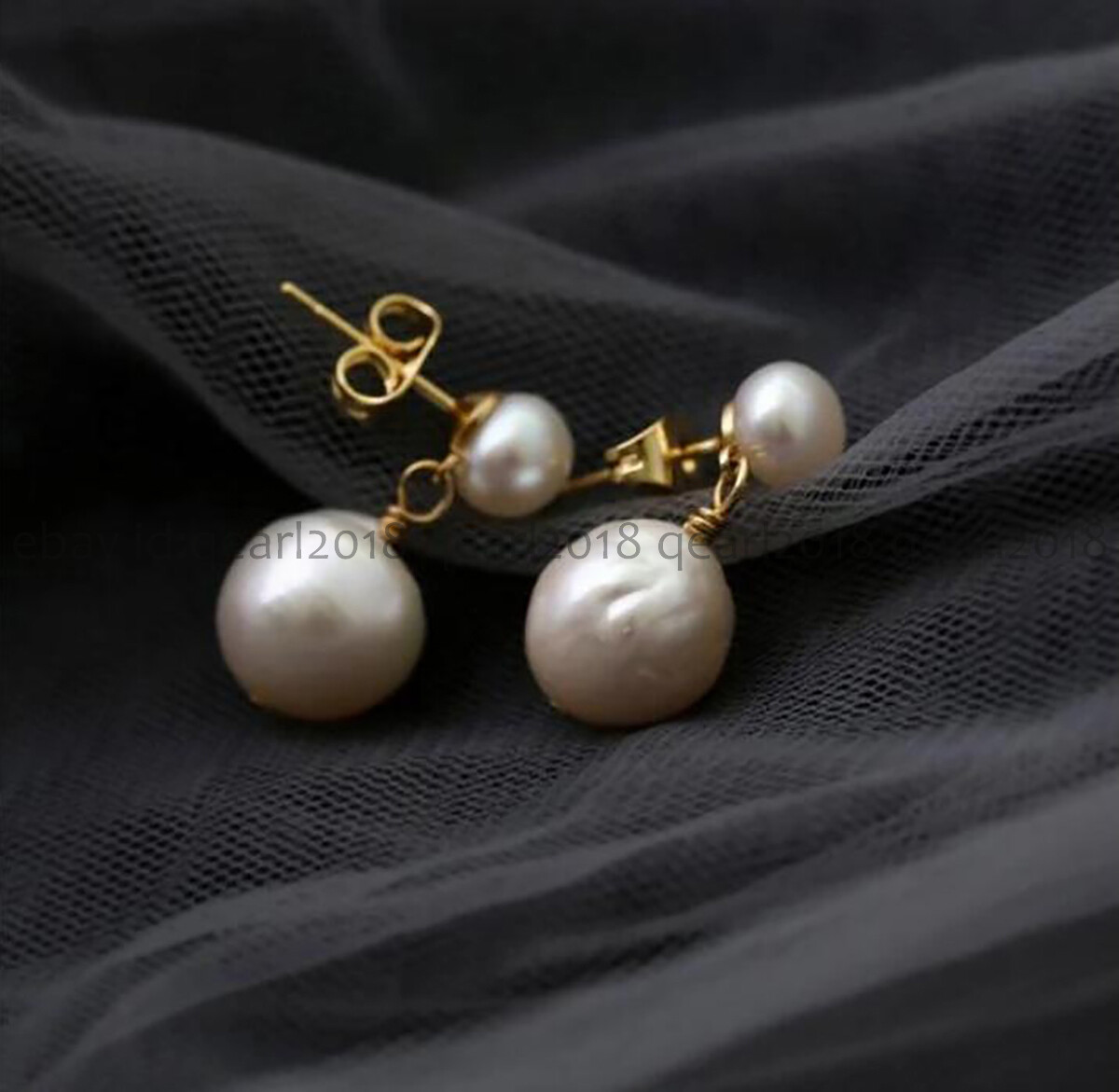 11-12mm White Natural South Sea Baroque Edison Double Pearl Dangle Stud Earrings