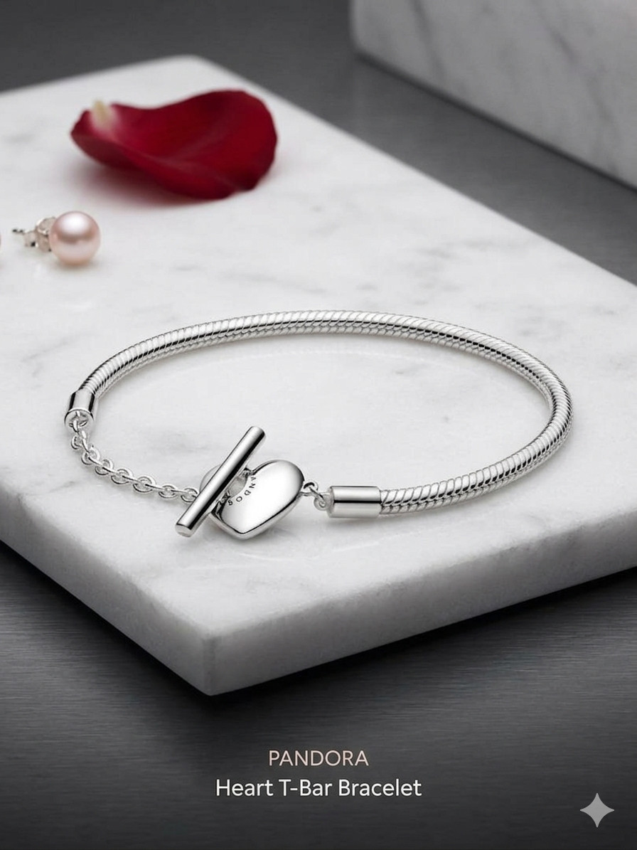 NEW Pandora Silver Bracelet Heart T Bar Snake Chain 7.1in -18cm #599285C00
