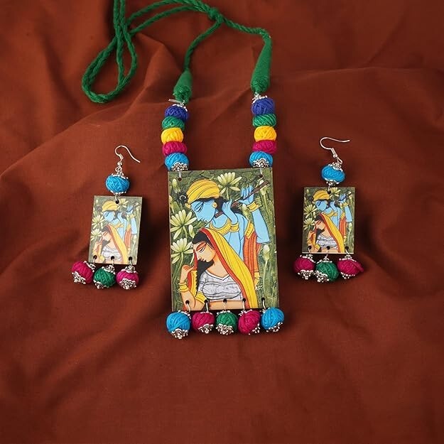 Handmade Warli Art Pendant Necklace Earrings Set Boho Tribal Jewelry Gift