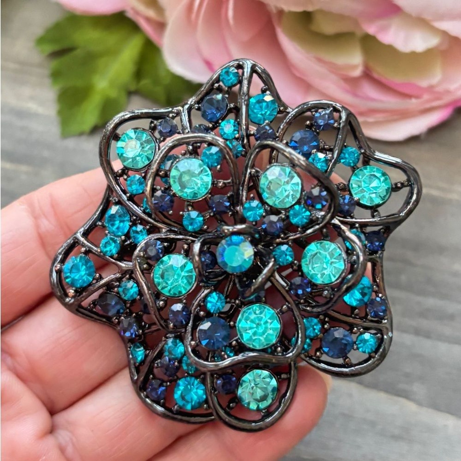 Large Blue and Teal Rhinestone Brooch with Rhodium Finish