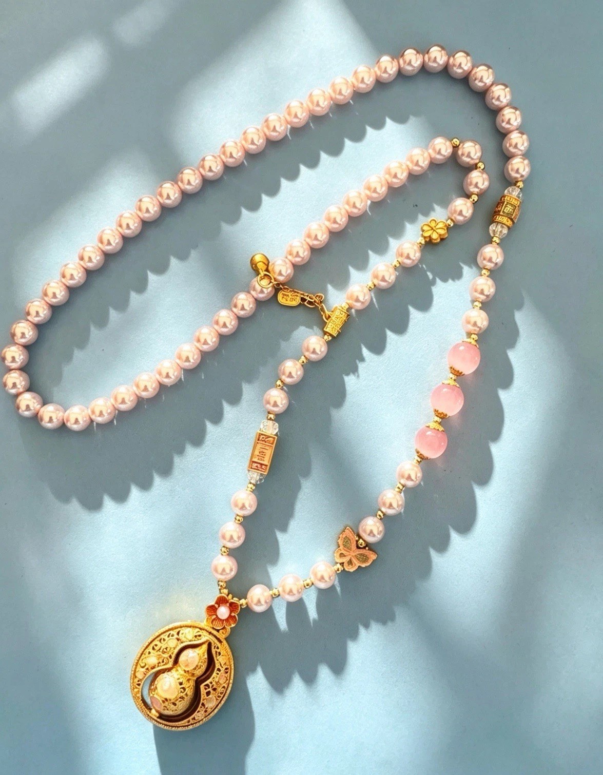 Chinese Enamel Gourd Rotatable Pendant Necklace Imitation Pearl Beads
