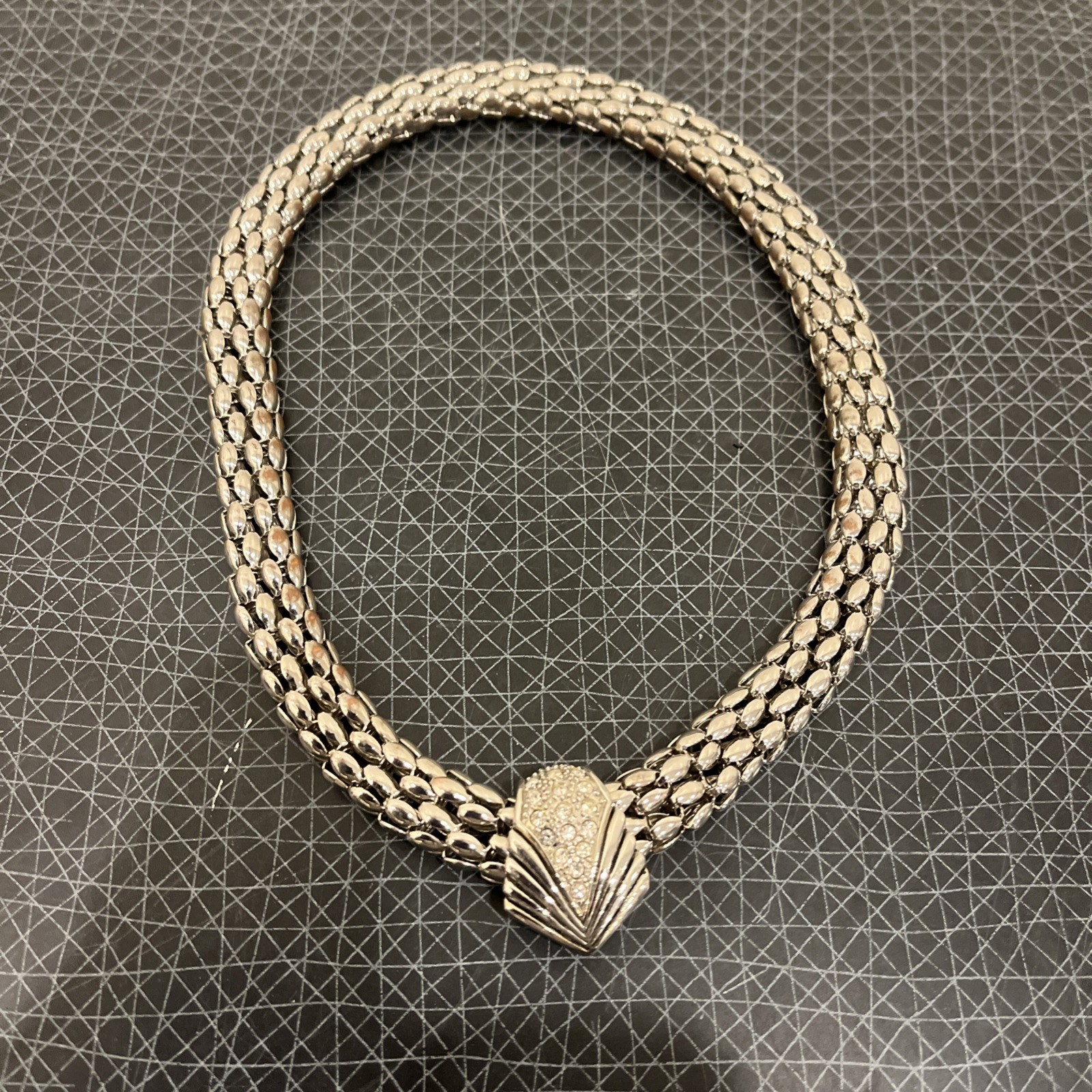 Pierre Cardin? Vtg Necklace, Silver Byzantine Chain Rhinestone V Choker Magnet