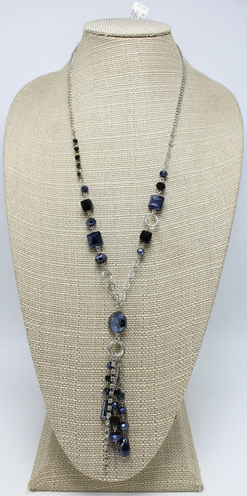 I.N.C. Silver Tassel Necklace with Jet Stones & Rhinestones NWT $39.50 #N2728