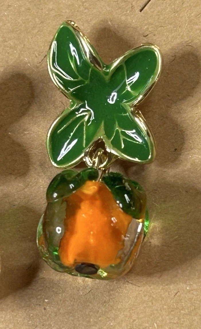 3D Orange & Clear Glass Drop Persimmon Pierced Earrings with Enameled Gold 1.25”