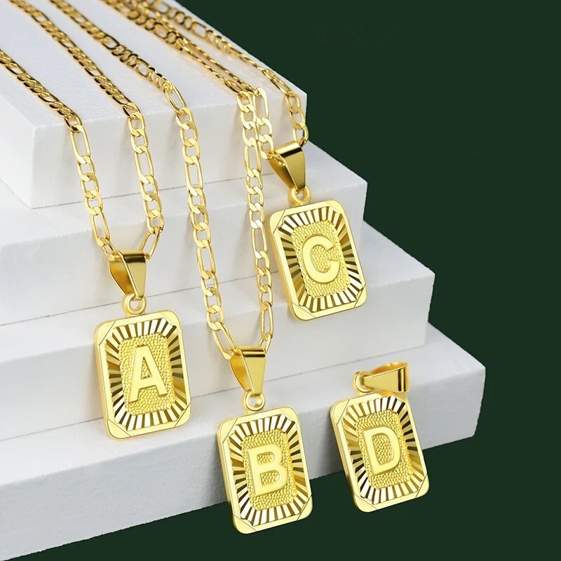 18″ Gold Plated Initial Letter Pendant Necklace Stainless Steel Figaro Chain