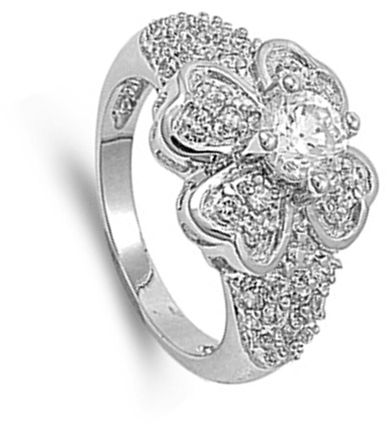 White CZ Round Flower Clover Shiny Ring New .925 Sterling Silver Band Sizes 5-9