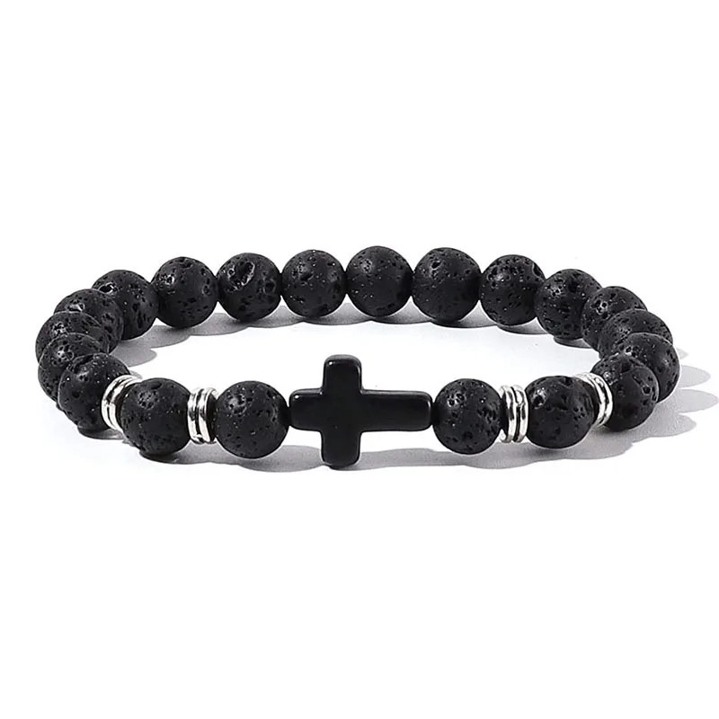 Natural Stone Beads Bracelet Hematite Cross Prayer Yoga Jewelry Men Women
