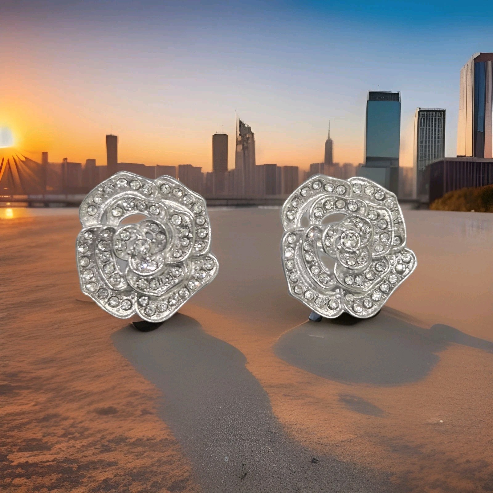 Silvery Rose Shaped Stud Earrings with White Synthetic Zircon Stones