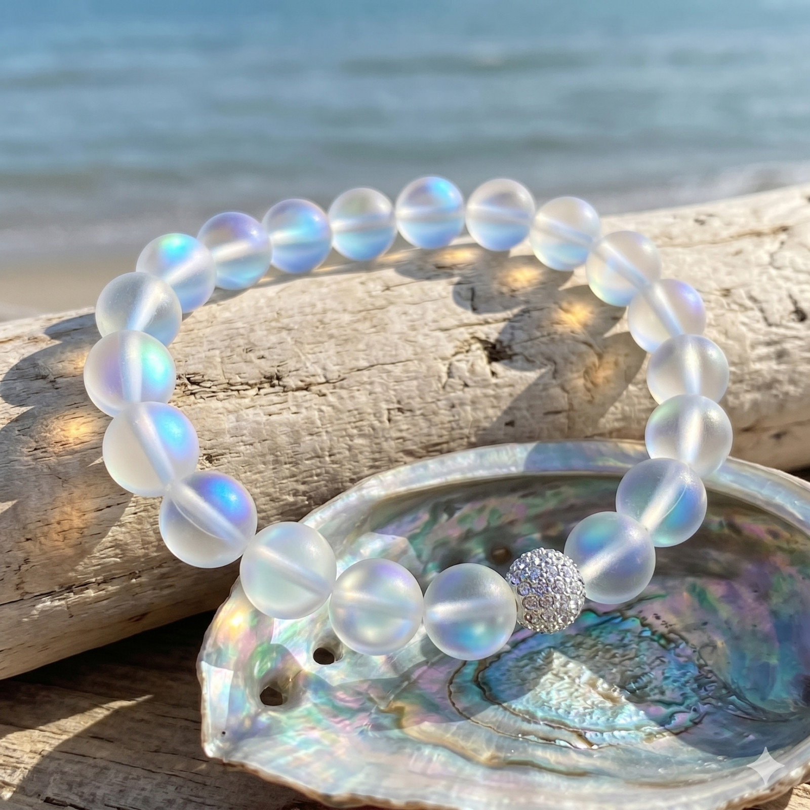 Angel Aura Quartz Bracelet 8mm Mermaid Glass Beads Spiritual Guardian Gift 7in
