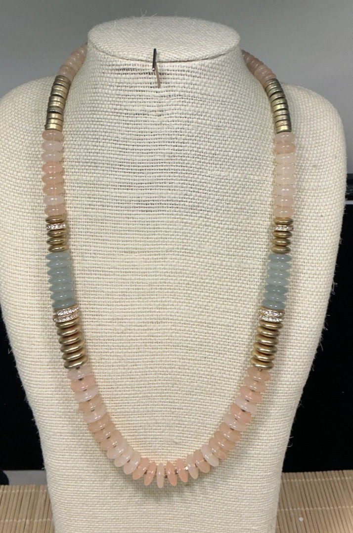 Loft Necklace Pink Gold Green Plastic Disk Clear Rhinestone Rondelle Lot 104B