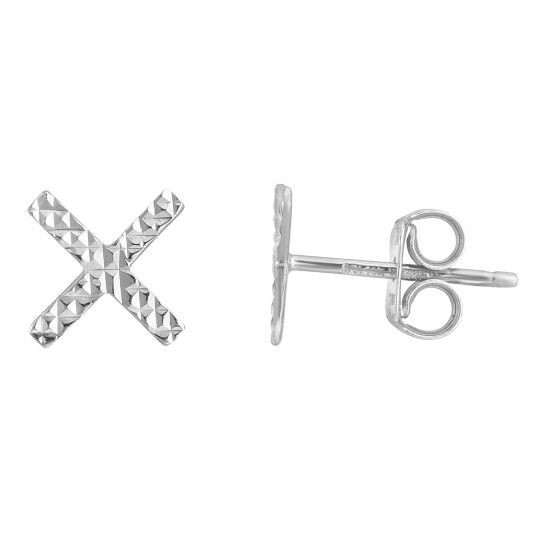 Diamond Cut X Design Earring 14k White Gold Light Weight 8mm Children Adults