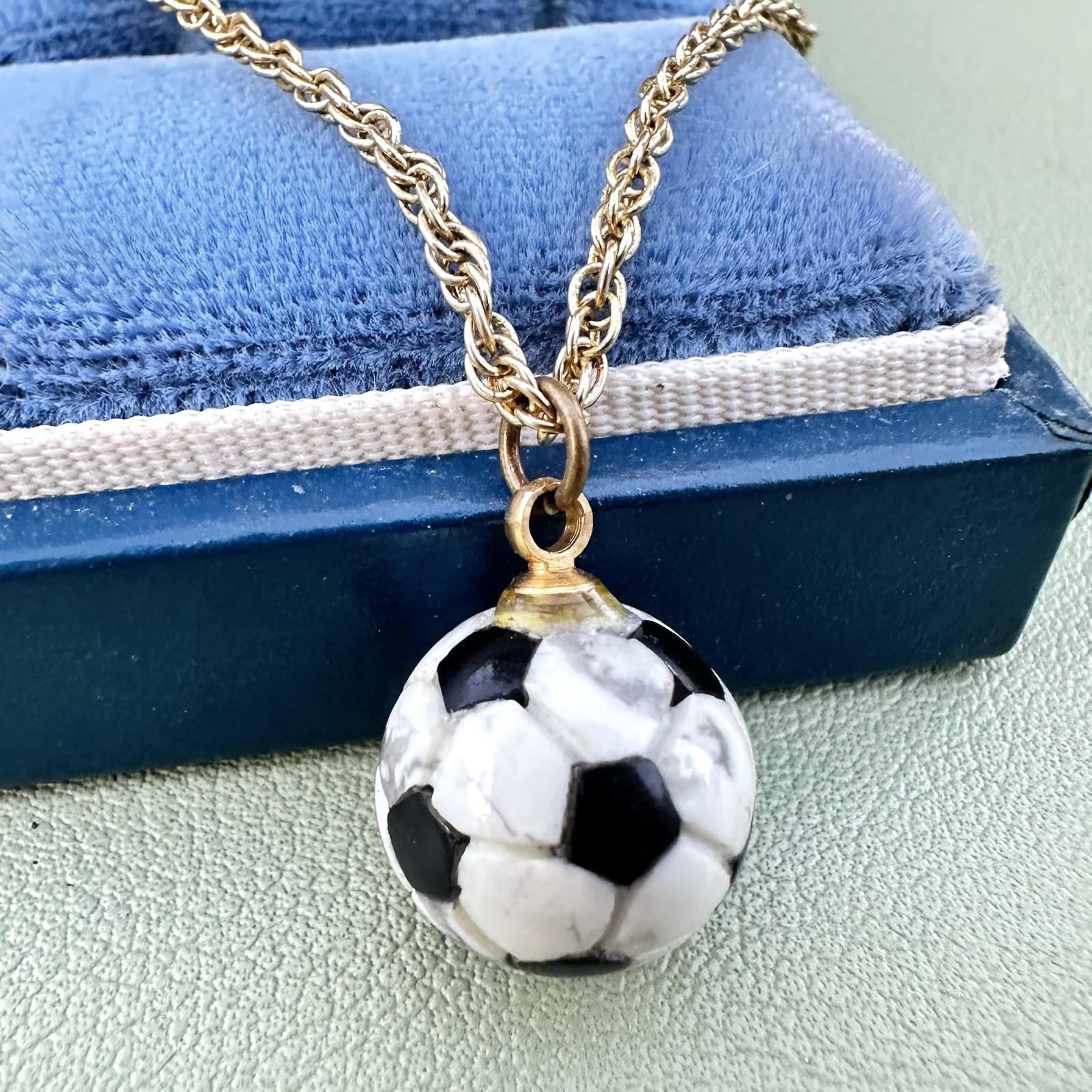 Soccer Ball Necklace Stone Carved Gold Tone Chain World Cup Style Pendant 18”