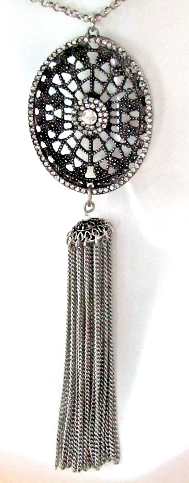 Dangle Pendant Statement Necklace Dark Silver Tone with Clear Gems 14″ Chain