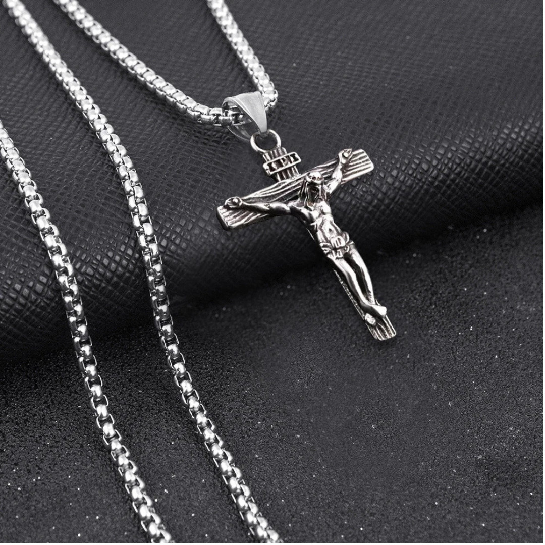 Men Stainless Steel Jesus Christ Crucifix Cross Pendant Chain Necklace