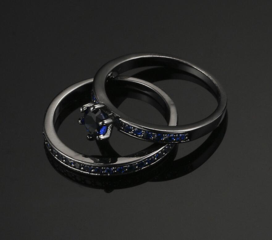 18KGP Black Gold Round Cut AAA Sapphire CZ Engagement Ring Weding Band Set