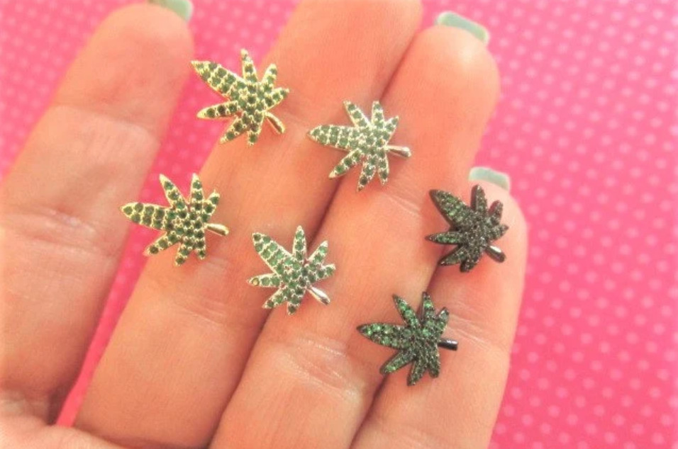 Pot marijuana leaf crystal studs