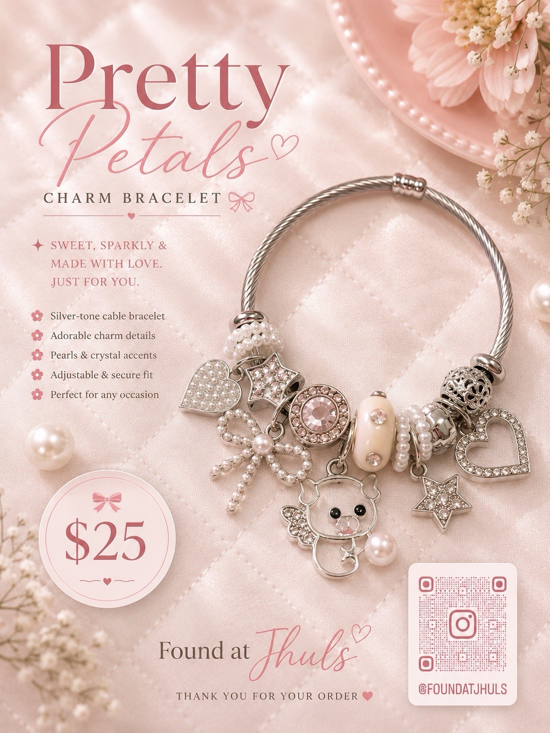 Pretty Petals Silver Tone Adjustable Cable Charm Bracelet Pink Crystal Heart
