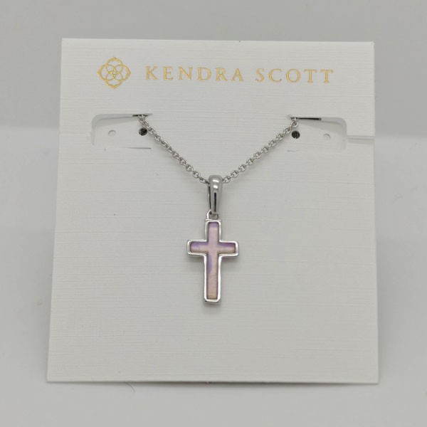 New Kendra Scott Cross Silver Pendant Necklace in Pink Dichroic Glass