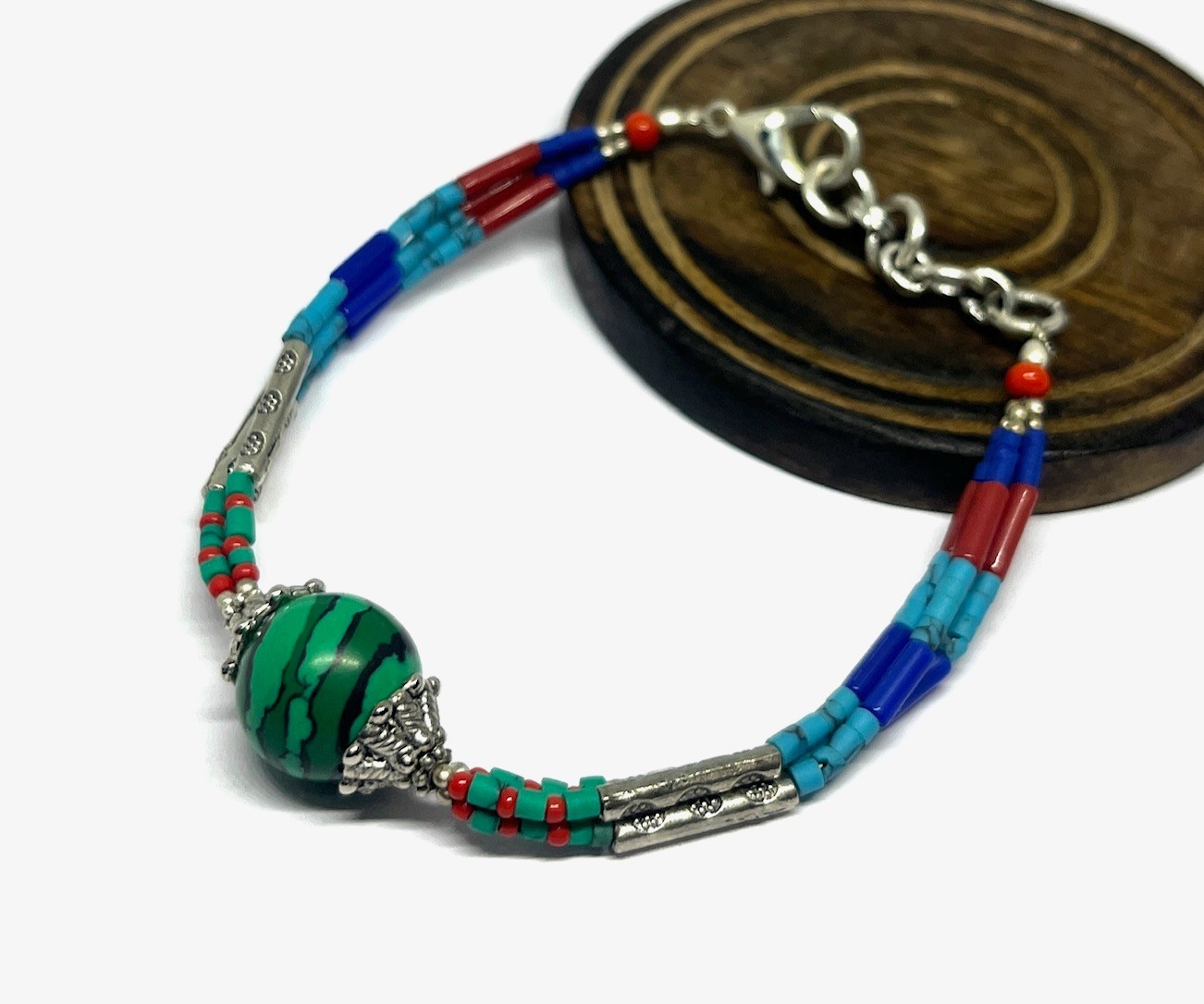Vintage Malachite Turquoise Nepalese Silver Bracelet Jewelry, 7.0 Inch Adjs