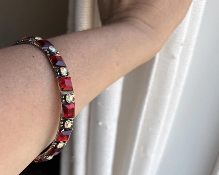 1950s/1960s Retro Ruby Red & Aurora Borealis Rhinestone patina Bangle Bracelet