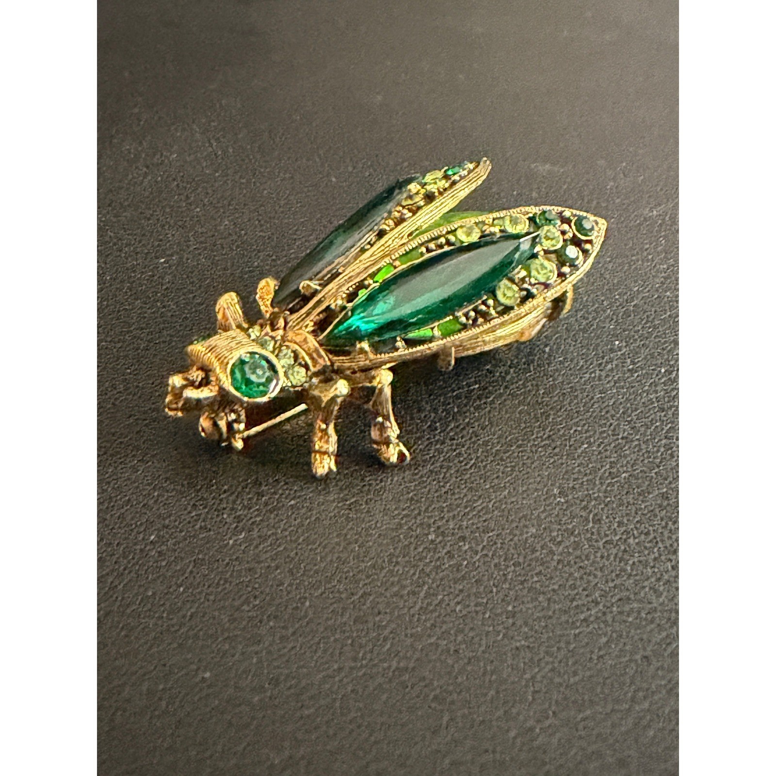 Vintage ART Insect Brooch Arthur Pepper Green Jelly Belly Rhinestone Gold Tone