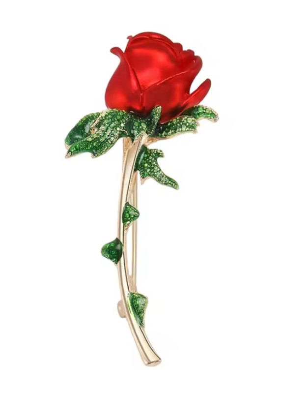 Valentine’s Day Elegant Red Rose Brooch Gold Enamel Flower Leaf Pin Jewelry Gift