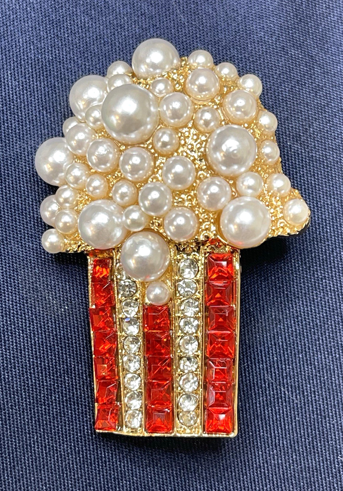 NWOT Popcorn Brooch Pin Gold Tone White Faux Pearl Red Rhinestone Food Movies