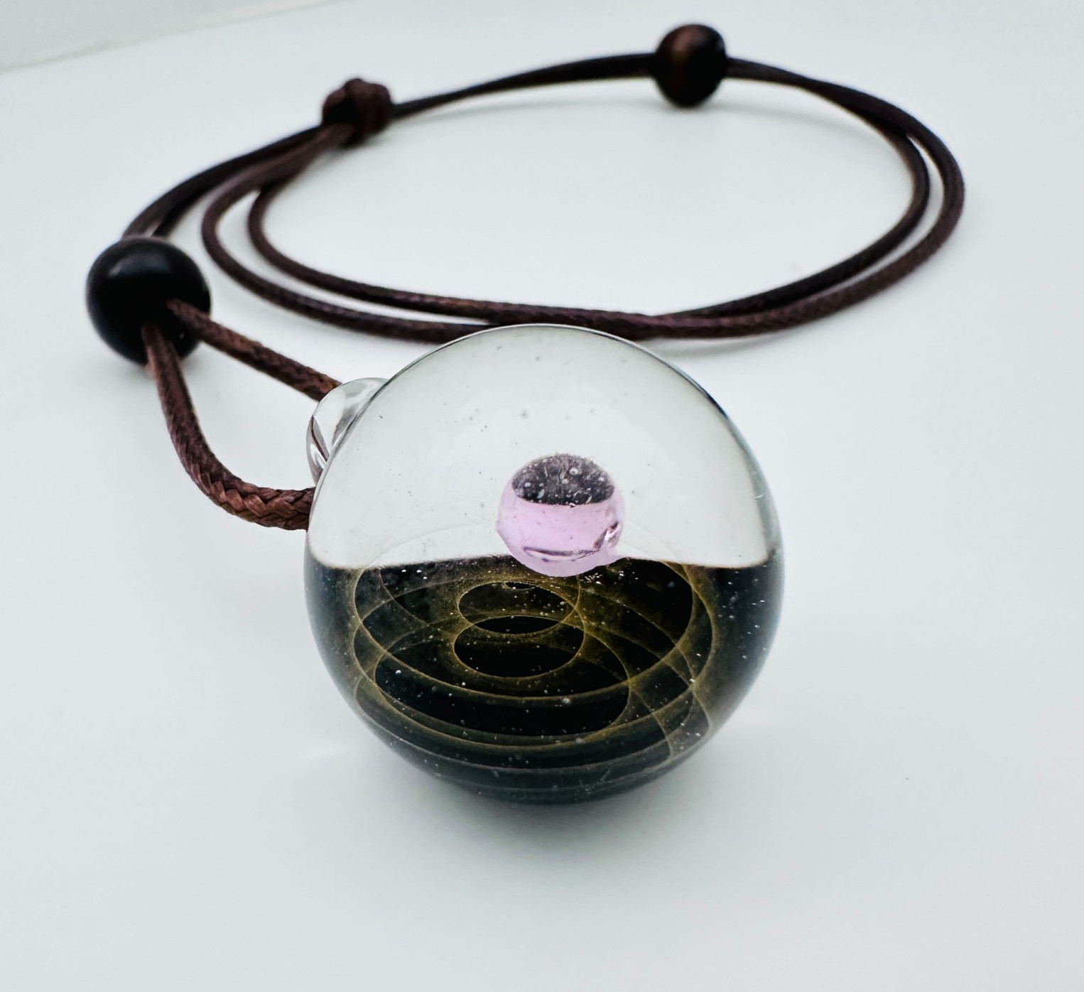 Galaxy Cosmic Sphere Glass Lampwork Pendant w/Long Brown Cord Necklace