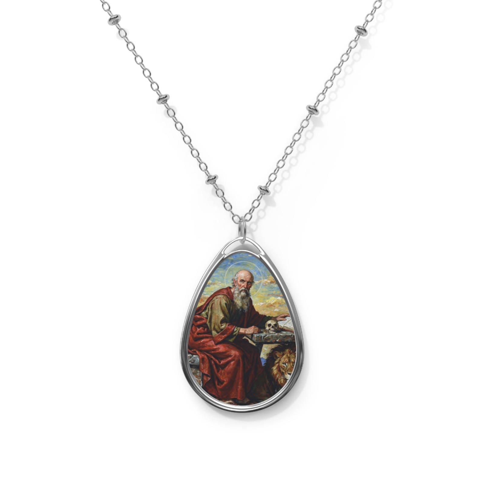 Saint Jerome, Oval Pendant Necklace, Christian Gift