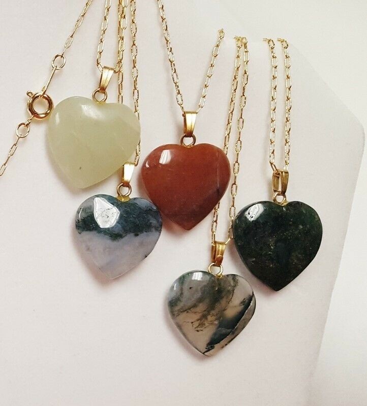 12 ASSORTED GENUINE GEMSTONE 20mm HEART PENDANT GOLD PLATED CHAIN NECKLACES V243