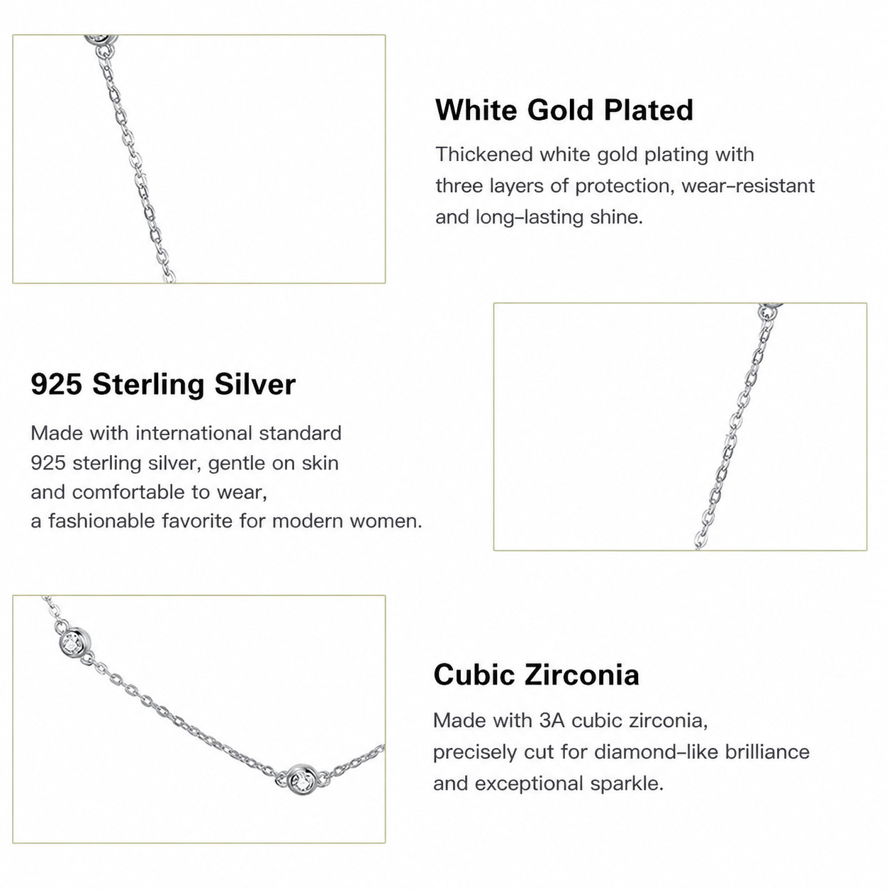 925 Sterling Silver CZ Bezel Station Chain Necklace Dainty for Women