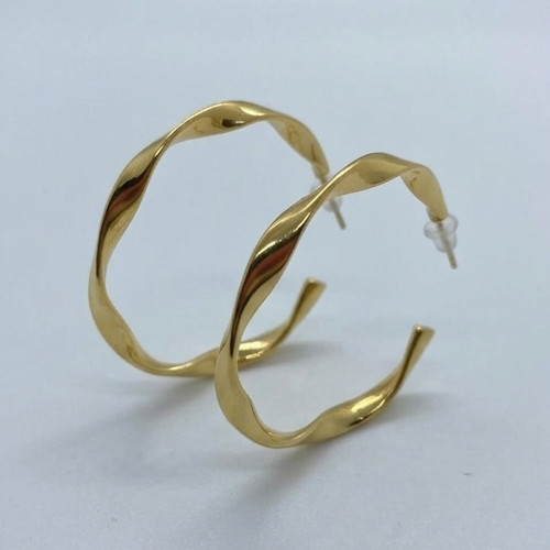 Gold Twisted Hoop Earrings Bold Medium Wave Wavy Statement Chunky Hoop C-Shaped