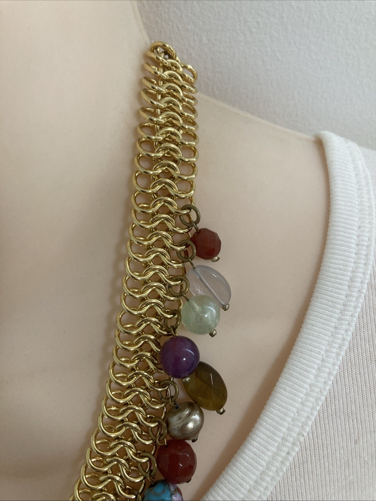 R J GRAZIANO Necklace Gold Tone Gemstone Cloisonne Glass Beads Dangles Jewelry