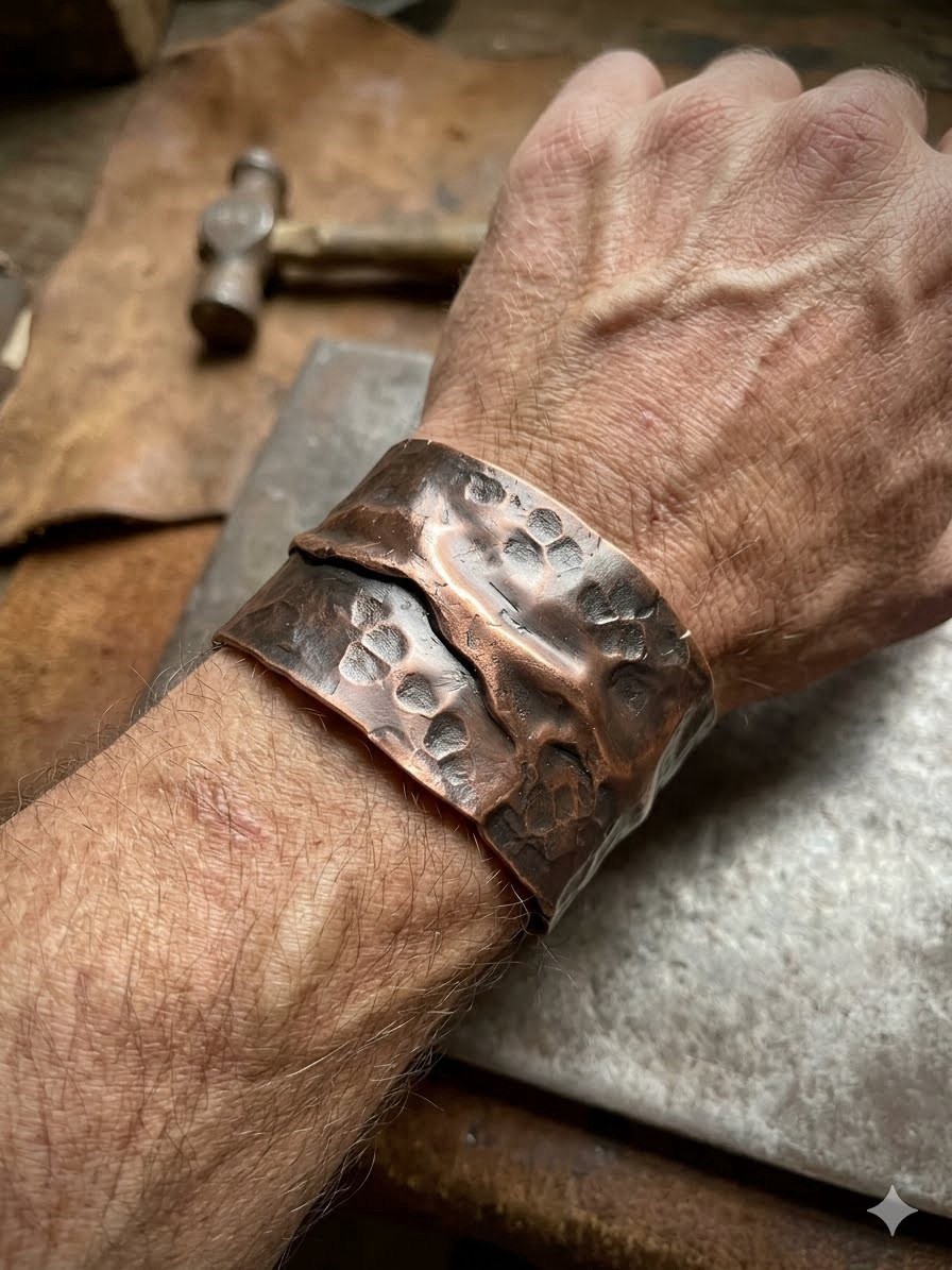 Unique Rustic Ridge wide air-chased Hammered copper metal cuff , size 6 1/2