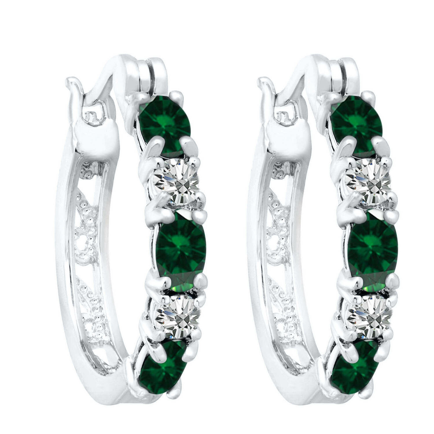 2.10 CT Simulated Emerald Women’s Hoop Earrings in 14K White Gold Plated Silver