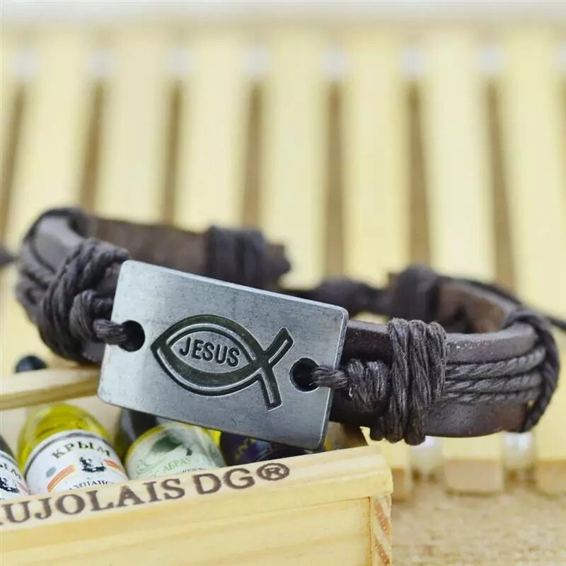 New 1PC Punk Style Leather Bracelets Charm Love Jesus Braided Rope Unisex Bangle