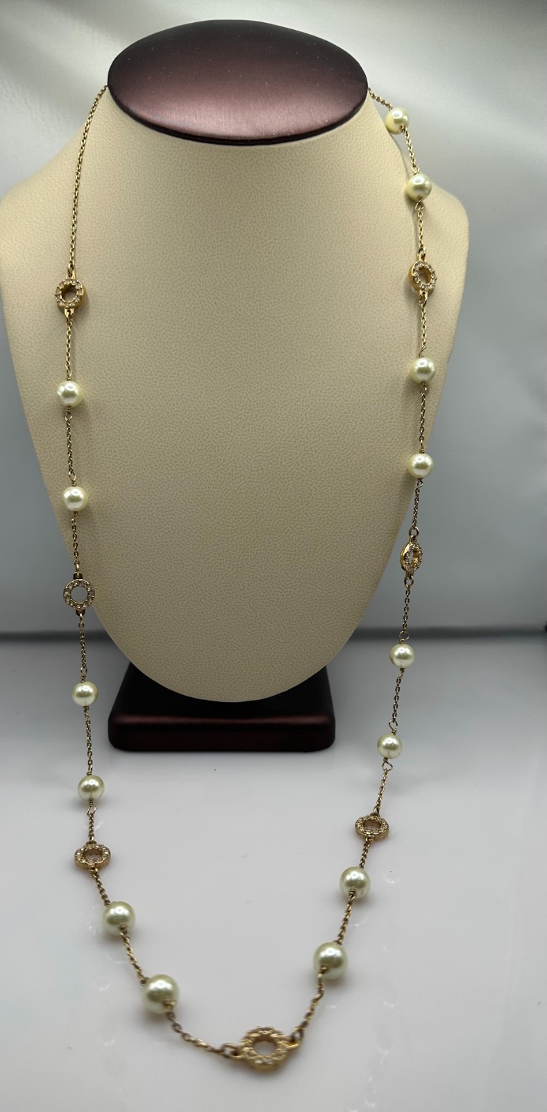 J.Crew signed chain Eternity link faux pearl Necklace rhinestone gold tone 32″L