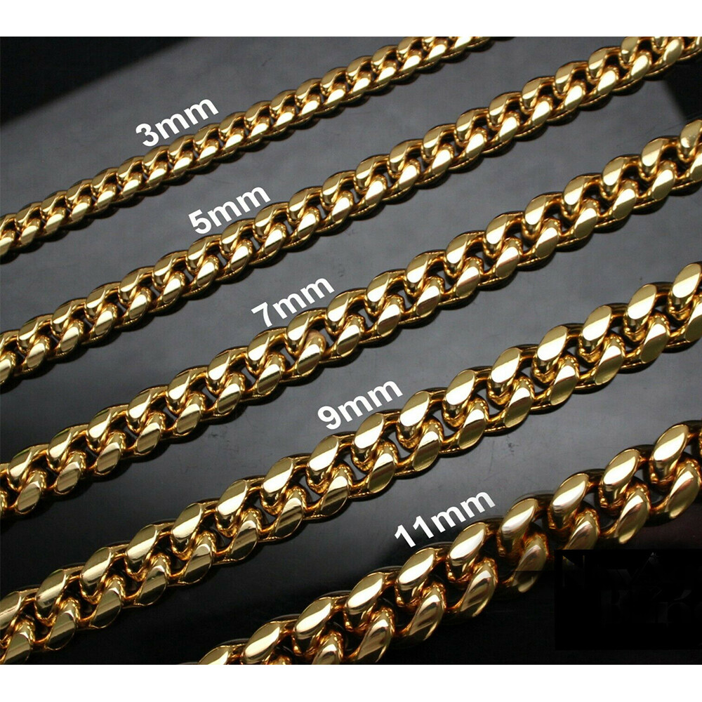 3/5/7/9/11mm Men Gold Plated Curb Cuban Link Chain Necklace Bracelet Xmas 16-30″