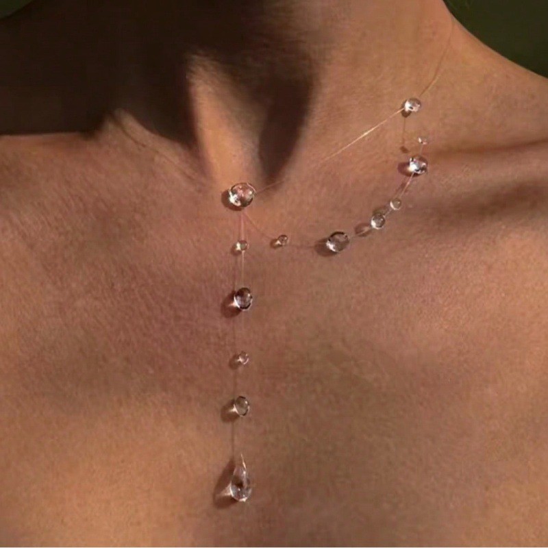 Clear Dew Drop Necklace Simple Lariat Chain Minimalist Glass Pendant Choker