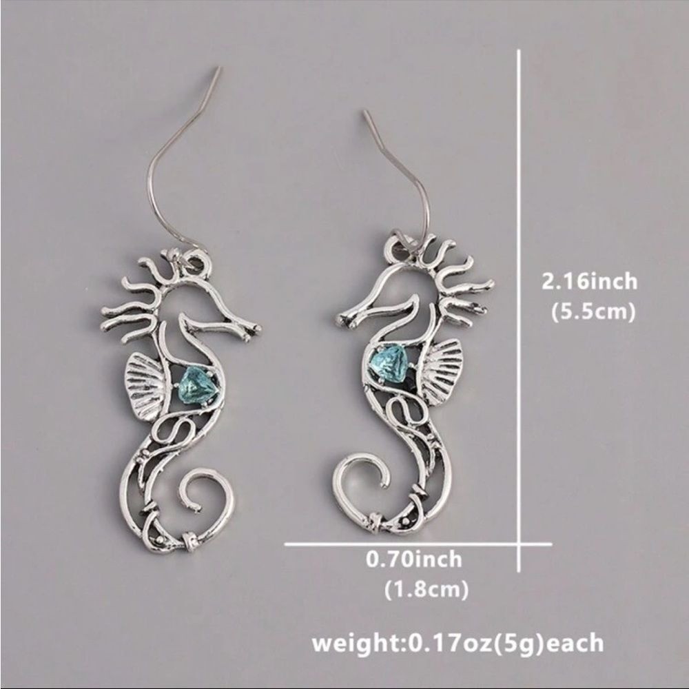 Vintage Boho Style Retro Oxidized Silver Sea Horse Pendant Earrings