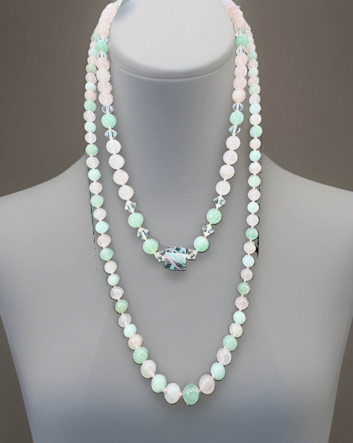 Pink And Green Gemstone Necklace Set, 24in Clasp And 32in Endless Strand