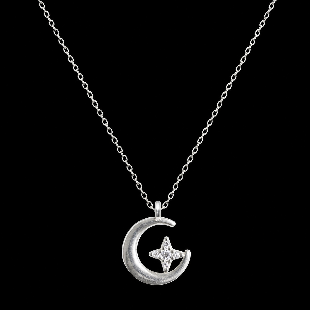 925 Sterling Silver Crescent Moon & CZ Star Necklace Korean Jewelry