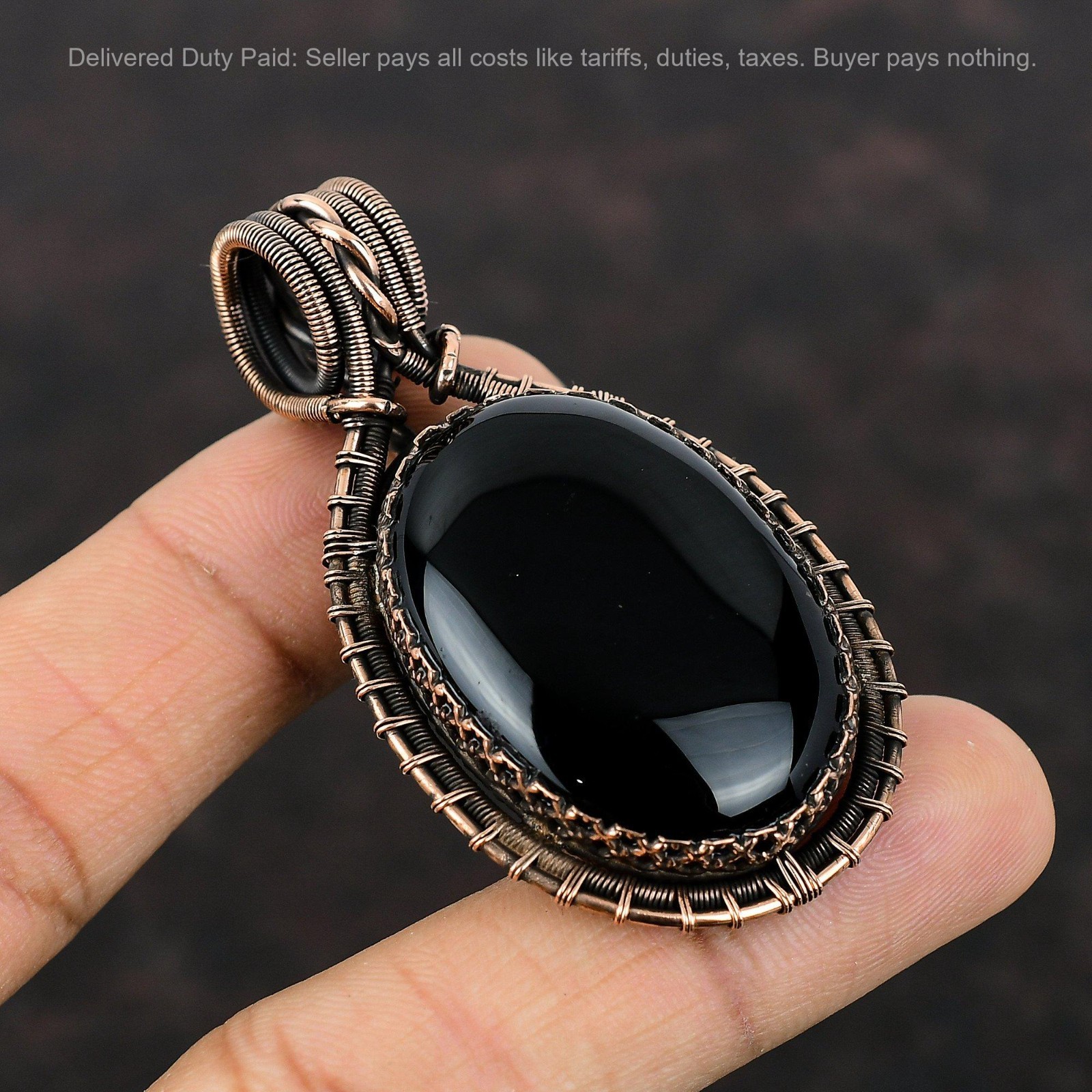 Copper Natural Black Onyx Sister Ethnic Wire Wrapped Root Chakra Pendant Jewelry