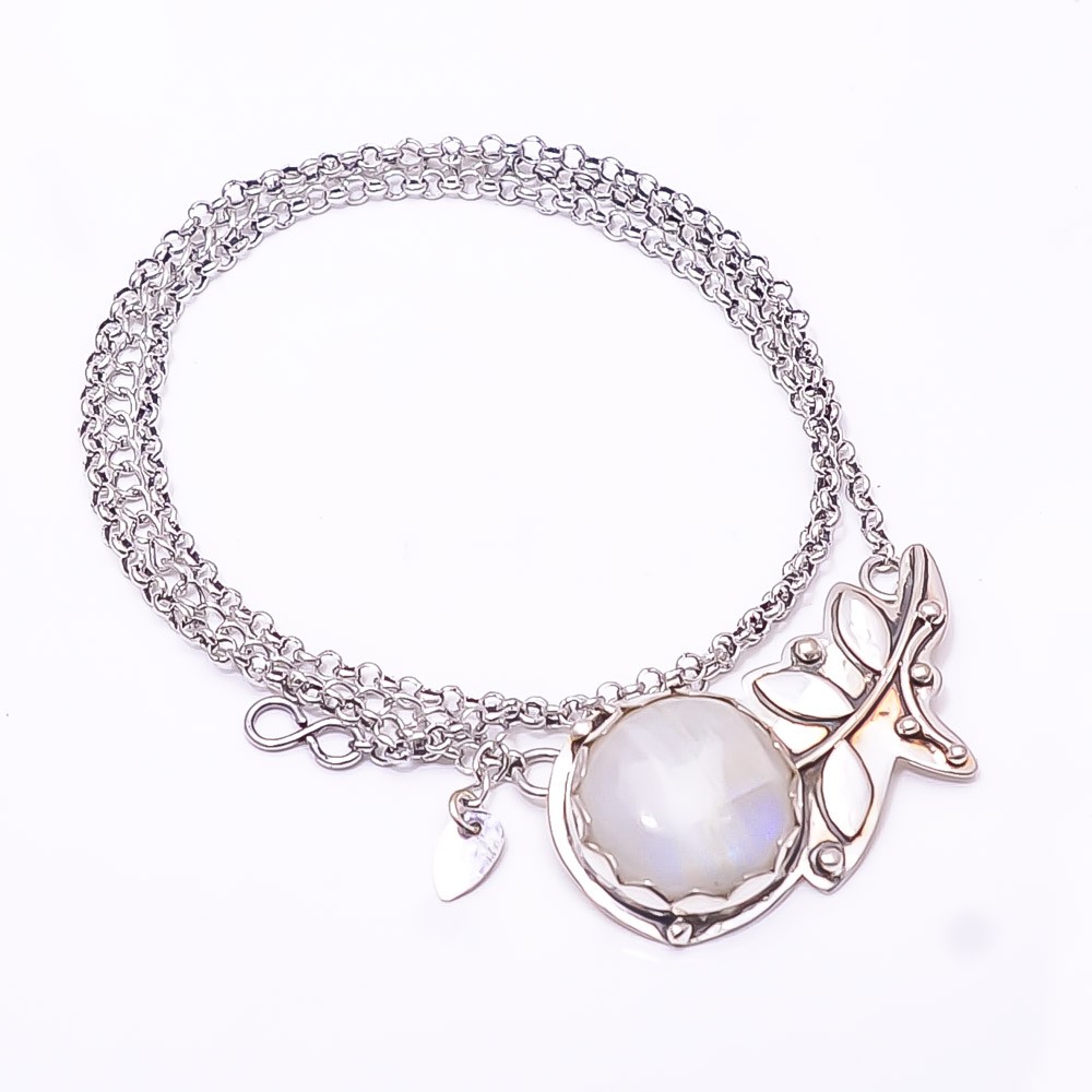 Rainbow Moonstone – India Flower 925 Sterling Silver Chain Pandent 17.99″ CP2123